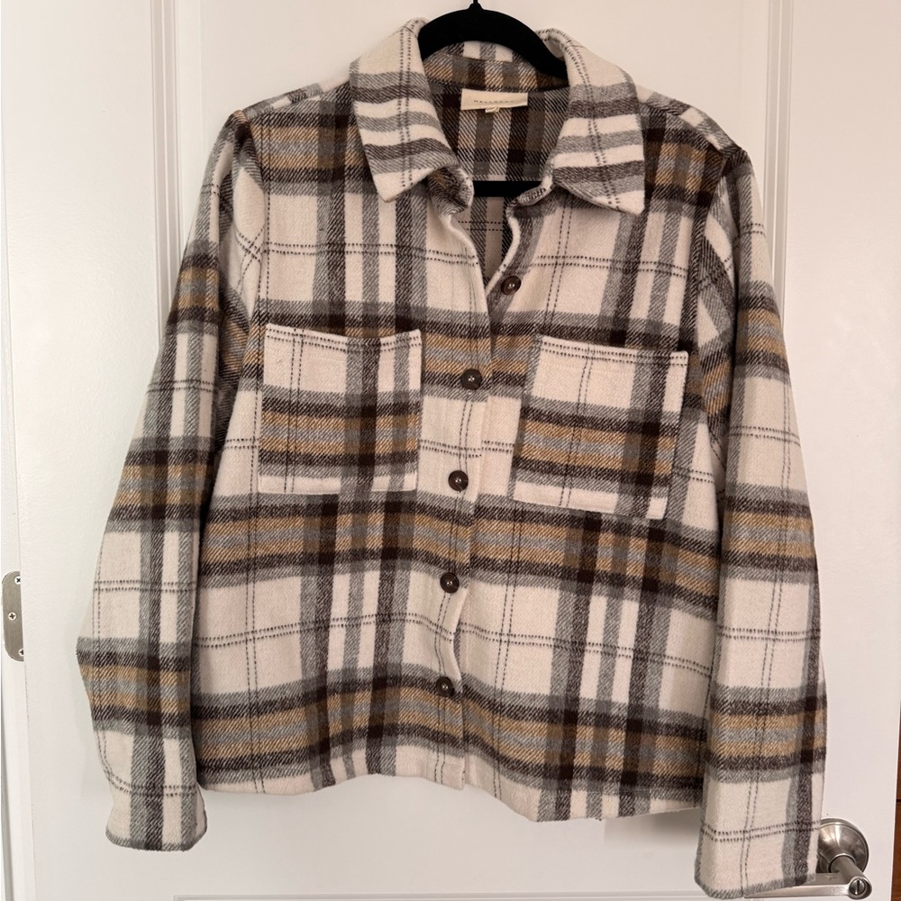 MELLODAY Cream and Brown Plaid Utility Shirt/Jacket